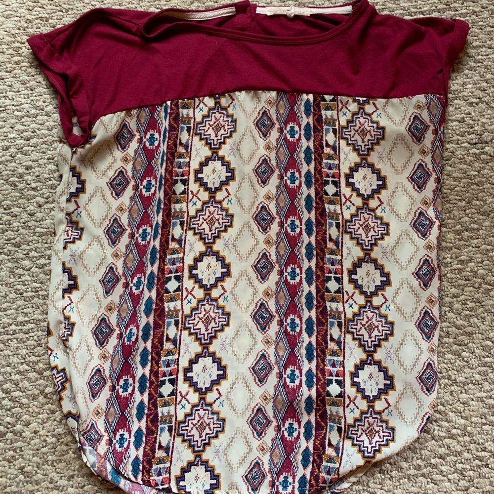 Rewind burgundy shirt with an Aztec pattern